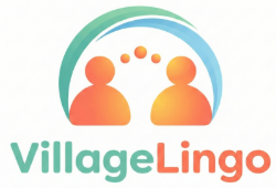 VillageLingo logo featuring two stylized figures with communication dots and colorful arc